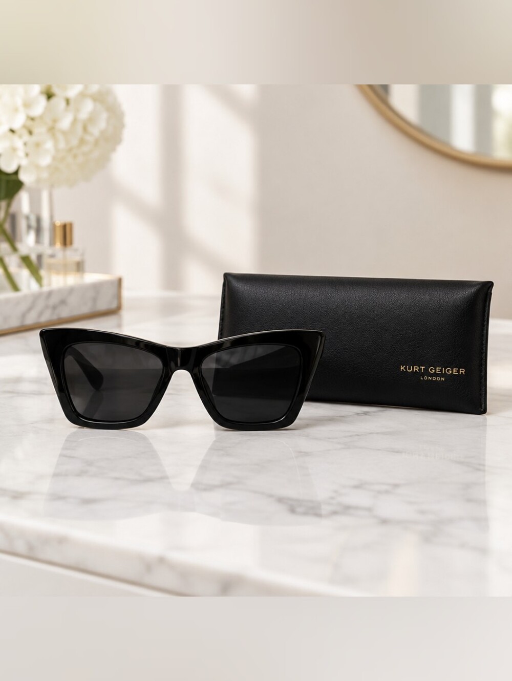 Kurt Geiger Black Cat-Eye Sunglasses with Matching Case EUC